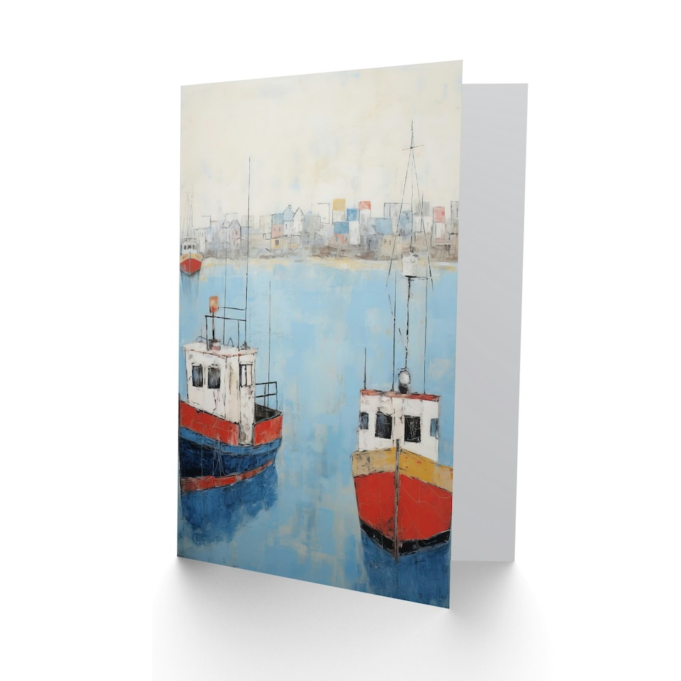 image 1 of Trawler Boats Harbour Coastal Town Oil Painting Art Card
