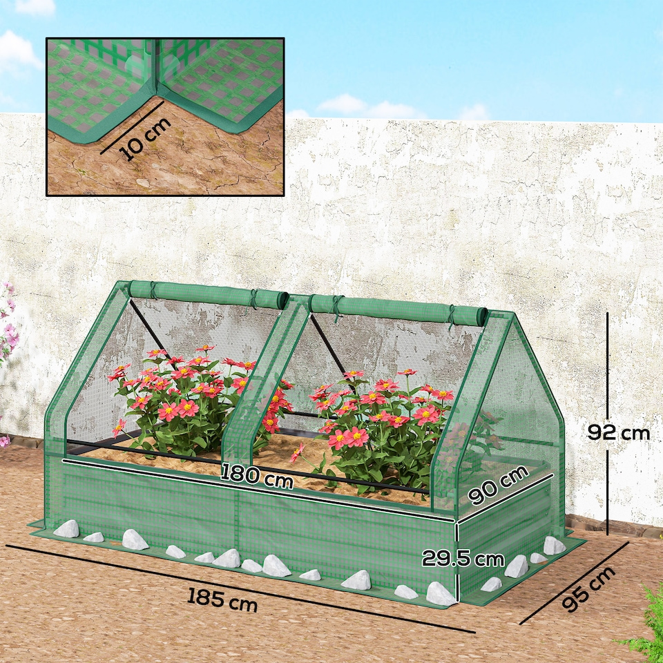 image 1 of Outsunny Raised Garden Bed Planter Box with Greenhouse, Green and Dark Grey