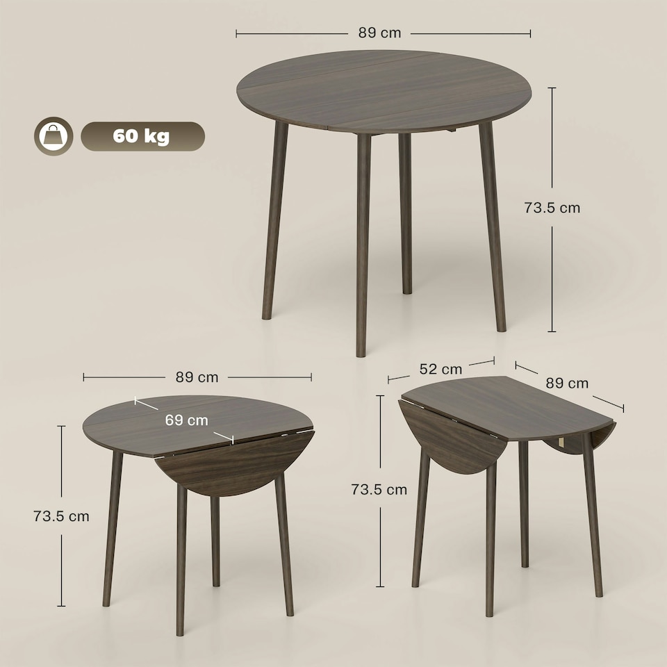 image 1 of HOMCOM Foldable Dining Table, Round Drop Leaf Table, Wood Legs, Grey