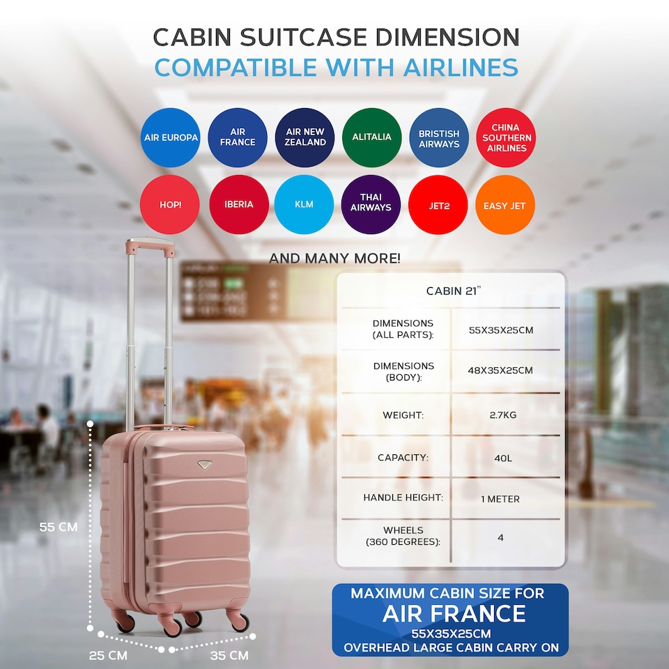 image 1 of 55x35x25cm Air France & KLM Maximum Size Cabin Carry On - Lightweight 4 Wheel ABS Hard Case Cabin Carry On Hand Luggage 35+ Airline Approved Pink | Rose | Cabin Bag