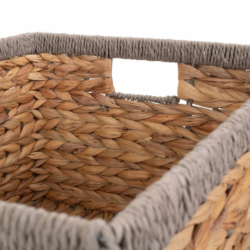 image 1 of Water Hyacinth with Grey Rope Border Rectangular Storage Basket Brown | Brown | L