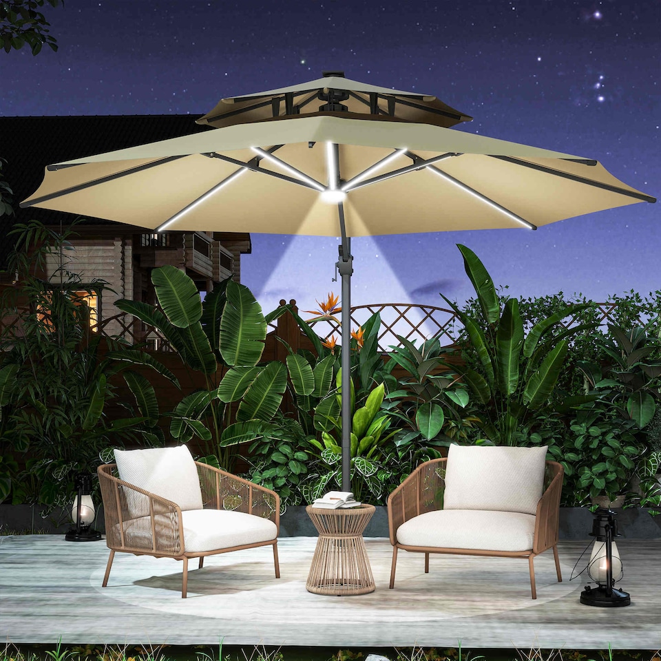image 1 of Outsunny 3 m Cantilever Roma Parasol with LED Solar Lights, Crank and Tilt, Aluminium Frame, Cross Base and Adjustable Canopy 360 Rotating Sun Umbrella with 2Tier Shade, Beige
