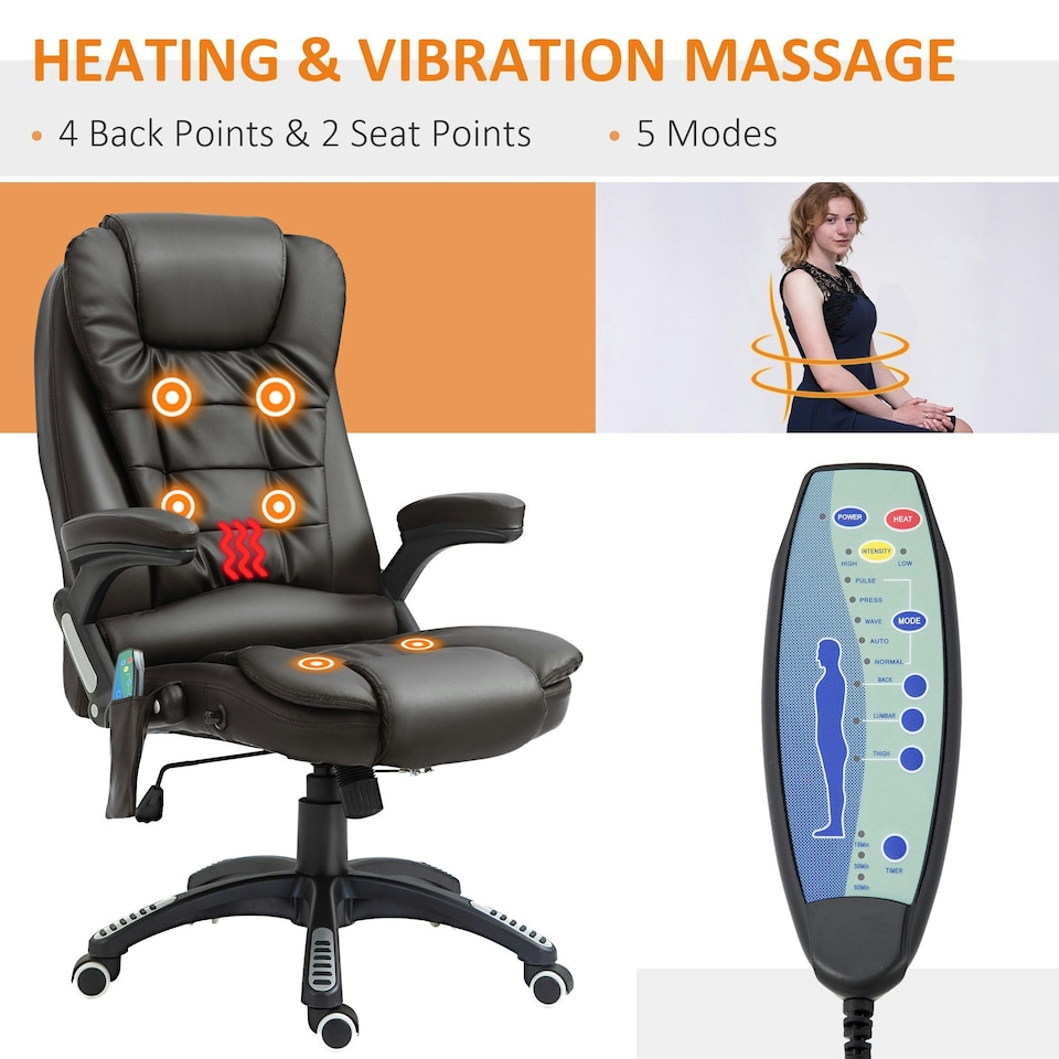 image 1 of HOMCOM Heated Vibrating Massage Office Chair with Reclining Function, Brown