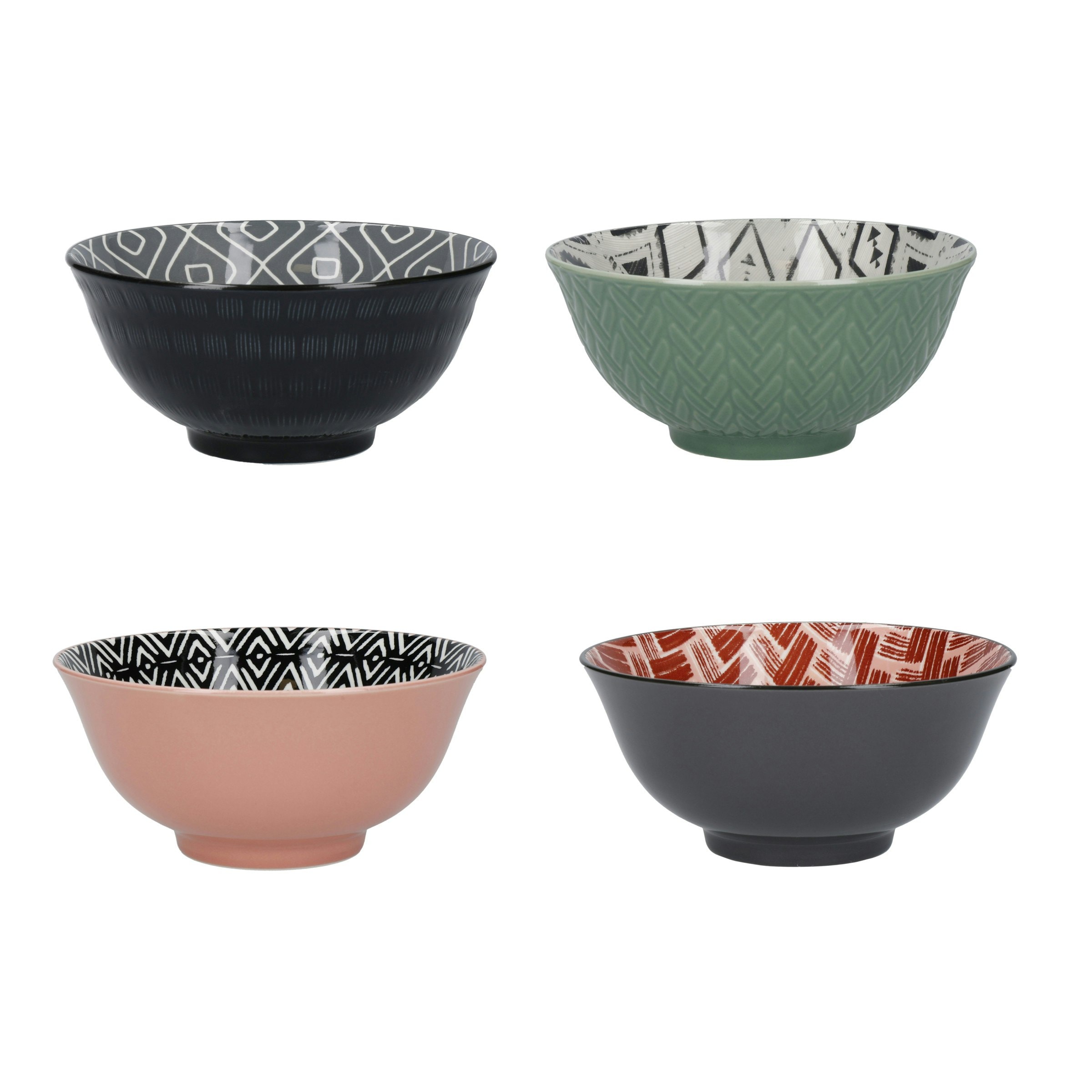 KitchenCraft 4pc Ceramic Cereal Bowl Set, 'Designed For Life' Patterned Designs, 15cm