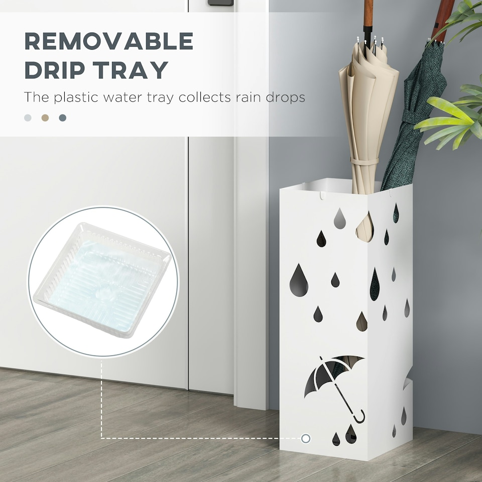 image 1 of HOMCOM Metal Umbrella Stand, Square Umbrella Basket with 4 Hooks Drip Tray White