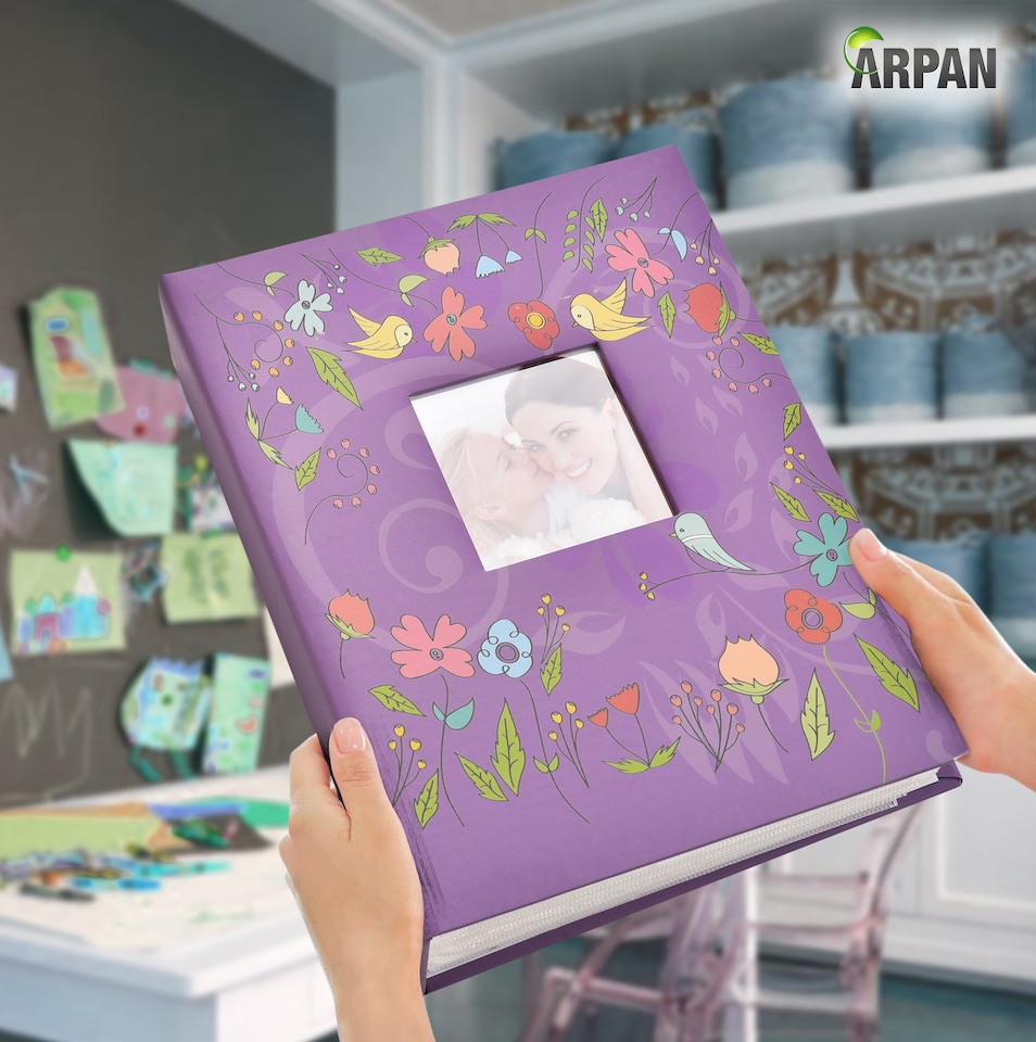 image 1 of ARPAN 6x4 Photo Album 200 Photos Slip In Picture Storage Book with Front Cover Window Plastic Jacket and CD/DVD Pocket | Purple | Purple Birds