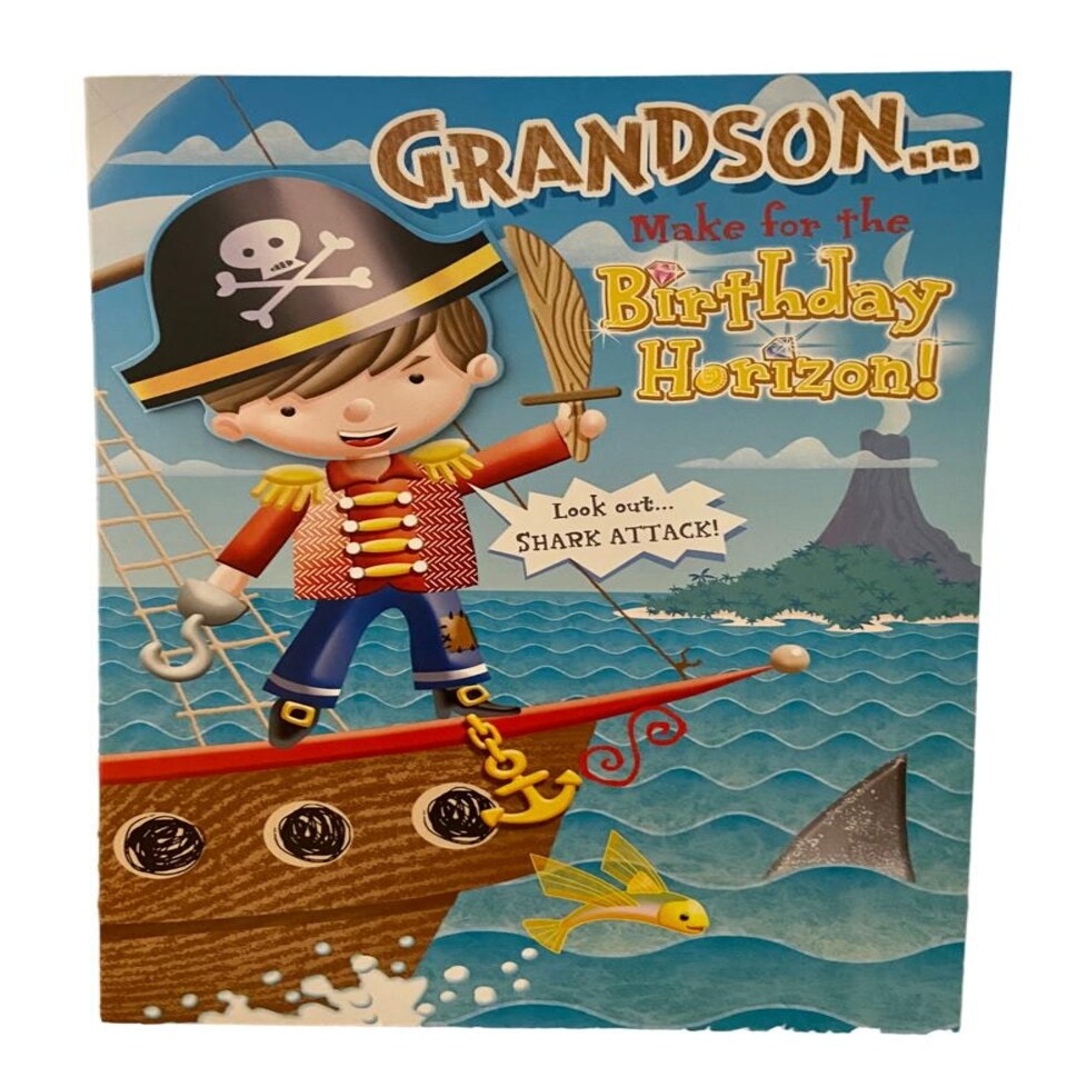 image 1 of Grandson Pirate Happy Birthday Greeting Card Look Out Shark Attack