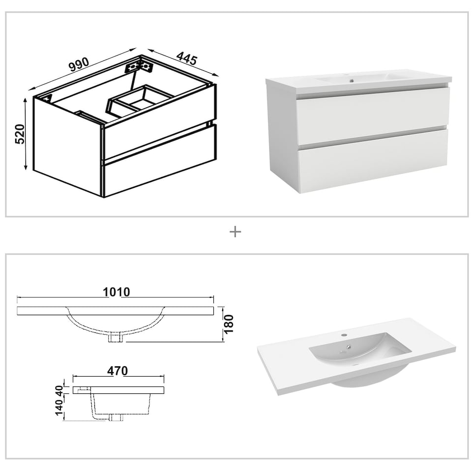 image 1 of AICA 1000mm Wall Mounted Bathroom Vanity Unit With Artificial Stone Basin,2 Soft Close Drawers for Storage,White,Flat packed
