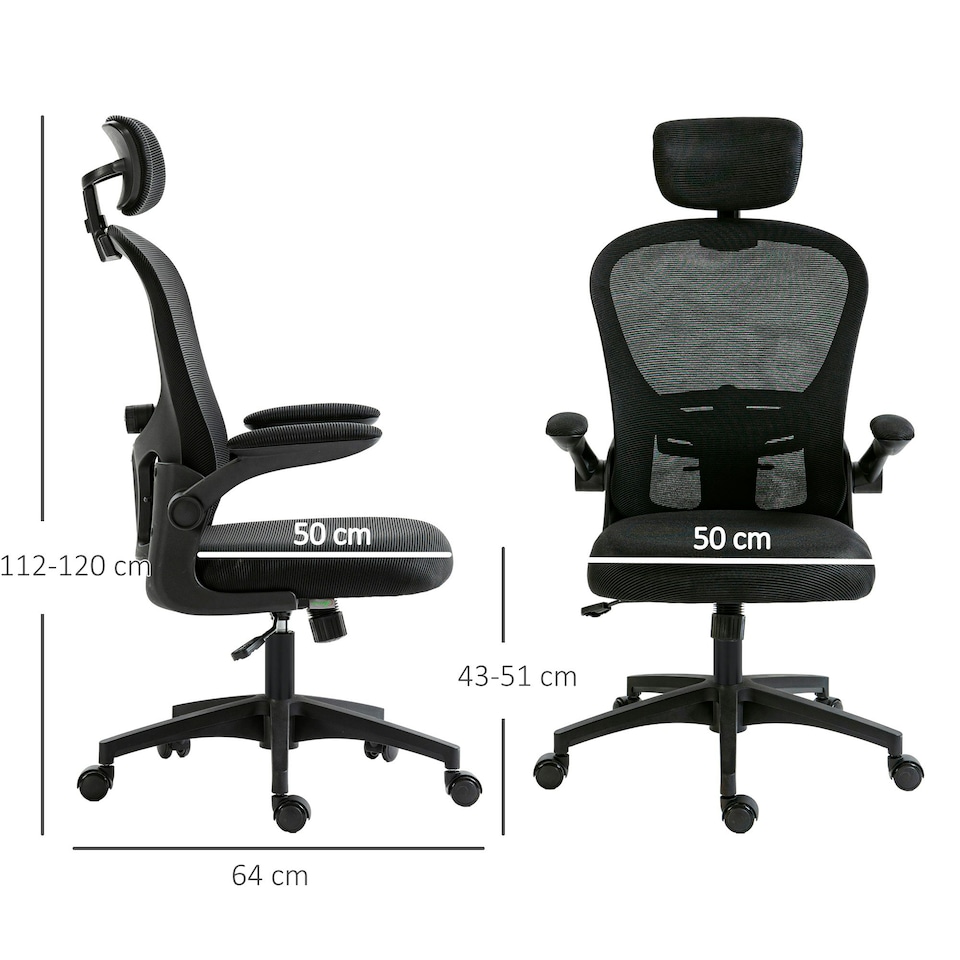 image 1 of Vinsetto Mesh Chair with Headrest, 4D Lumbar Support, Flip-up Arm, Black | Black | One Size