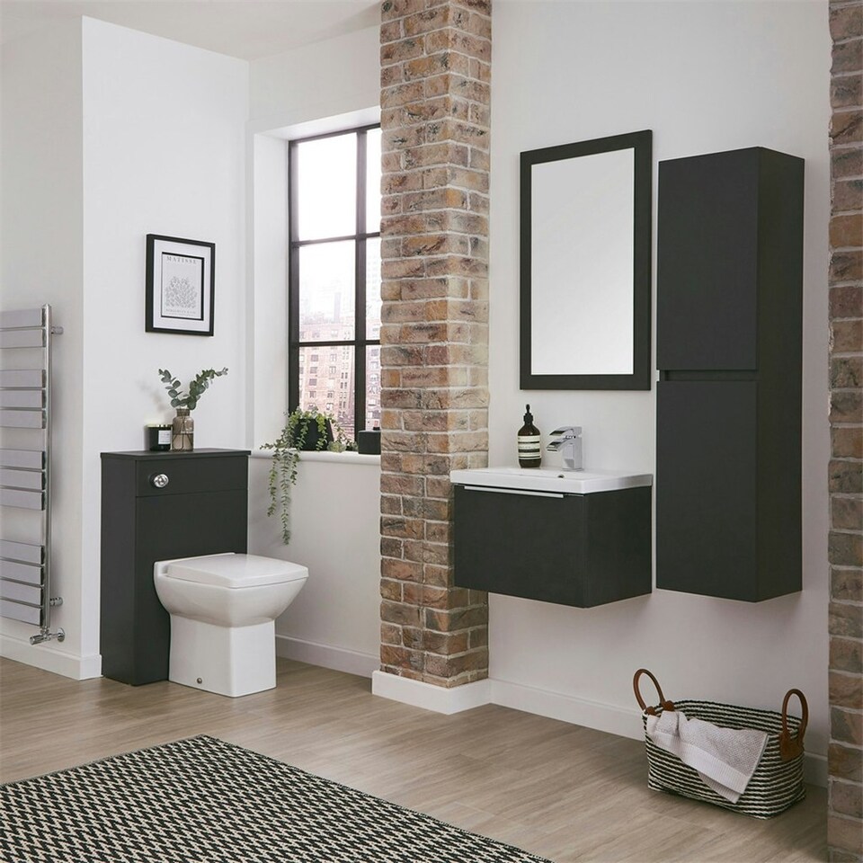 image 1 of 1200mm Bathroom Wall Mounted Drawer Unit and Twin Ceramic Basin - Matt Dark Grey (Central) - Brassware Not Included Grey