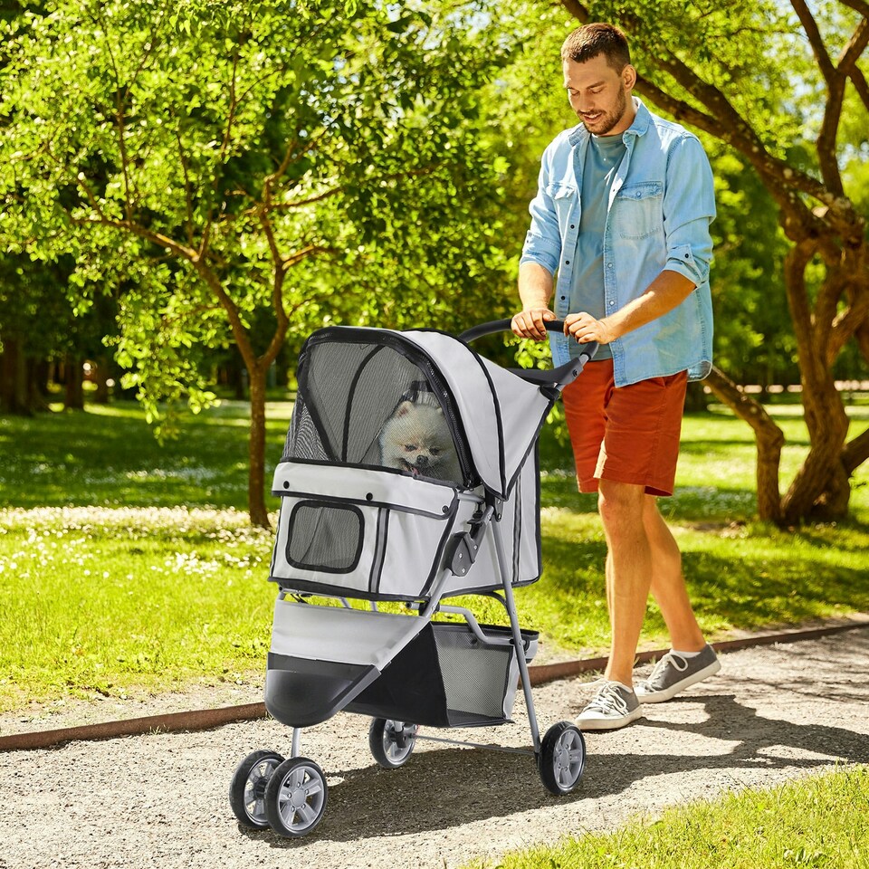 image 1 of PawHut Pet Stroller Pushchair Carrier for Cat Puppy with 3 Wheels Grey