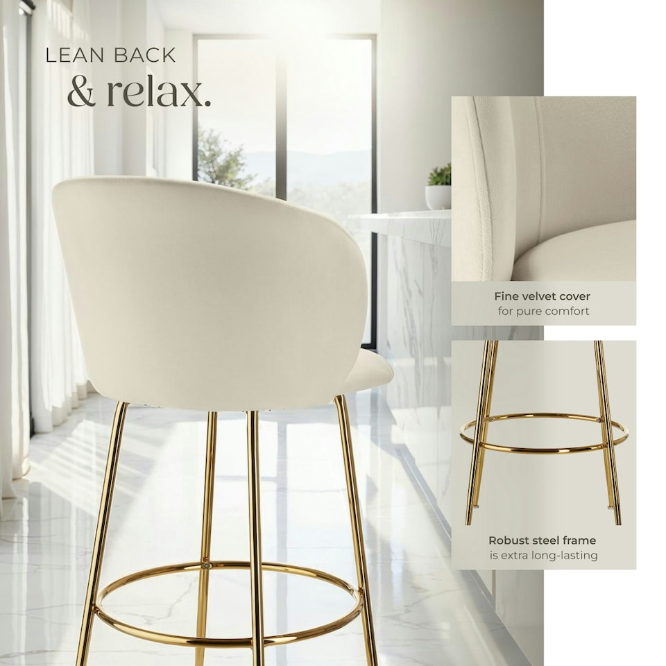 image 1 of Bar Stool Luana - with backrest, velvet look and padded - Set of 2 Cream | Gold