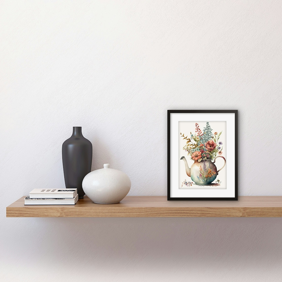 image 1 of Flower Bouquet a Floral Design Ceramic Teapot 9x7" Black Framed Wall Art Print