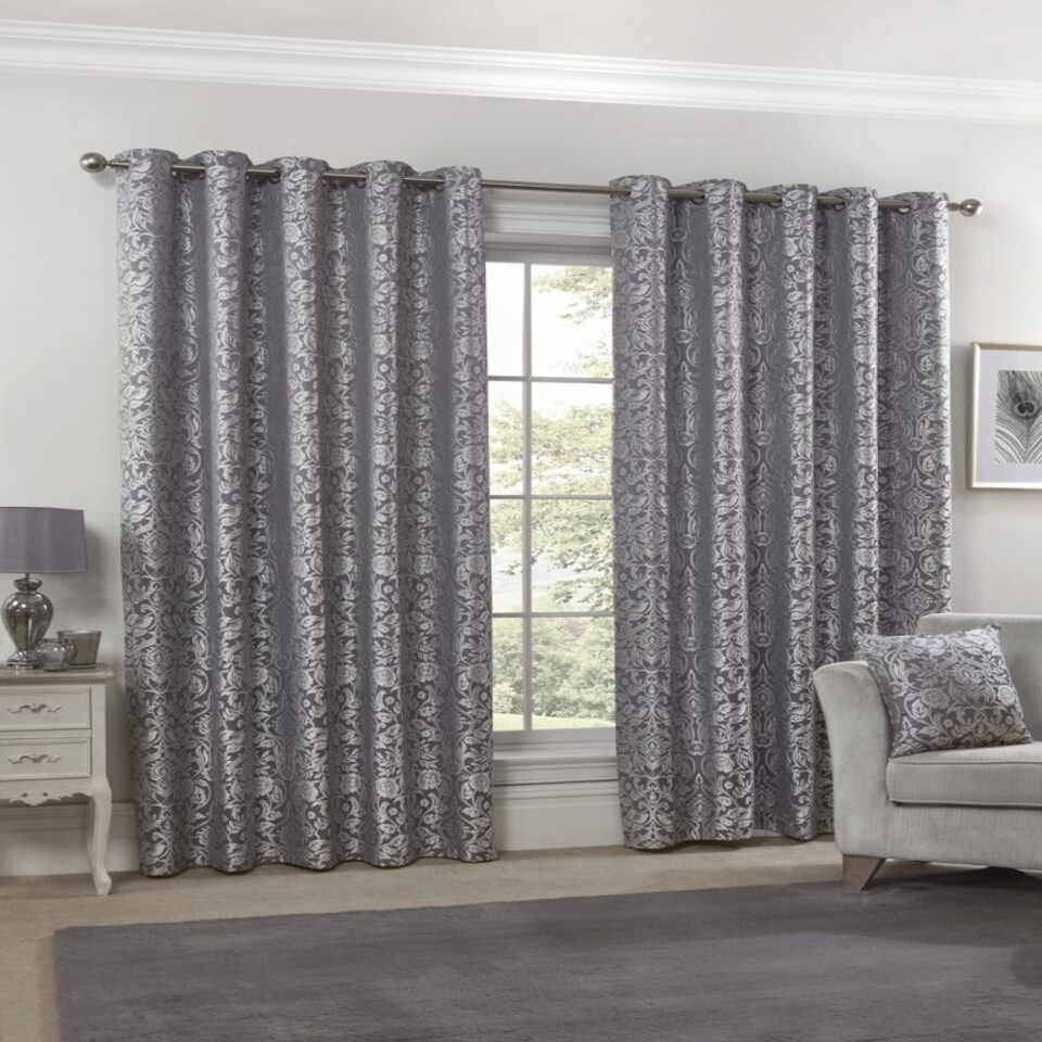 image 1 of Harrow Lined Eyelet Jacquard Curtains 228cm x 183cm Silver Grey | Grey