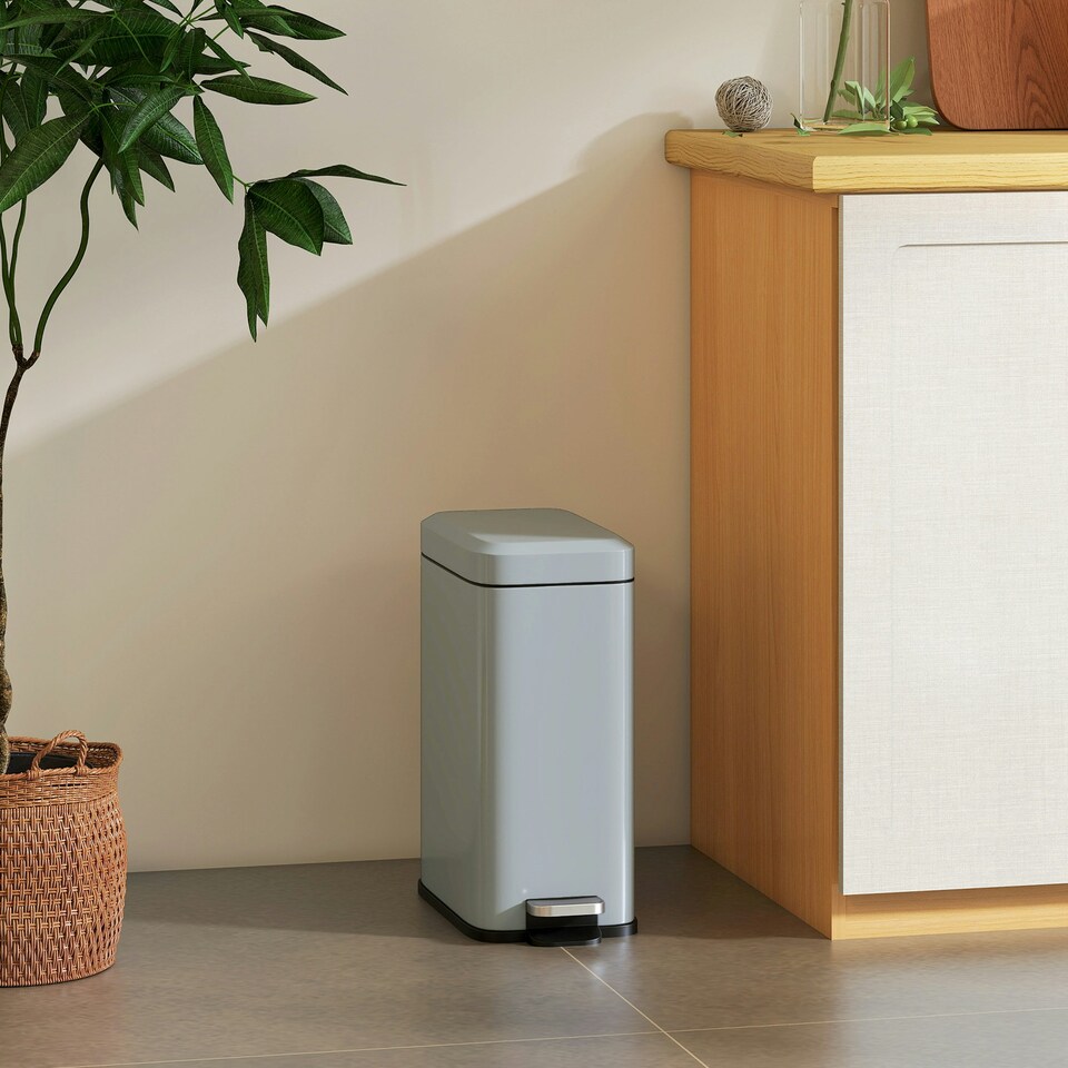 image 1 of HOMCOM 5L Rectangle Compact Bin Steel Body Inner Bucket Quiet-Close Lid w/Pedal | Grey | 5L | 1