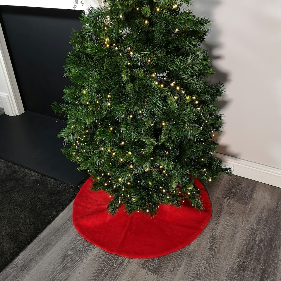 image 1 of 90cm Red Fluffy Plush Christmas Tree Skirt with Ribbon Ties
