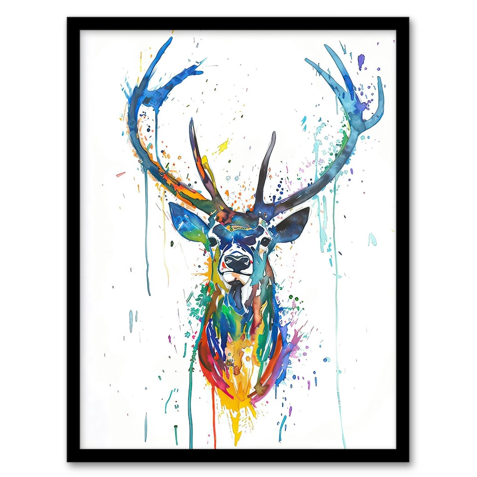 image 1 of Deer Stag Colourful Ink Splat Bright Portrait Black Framed Wall Art Print A4