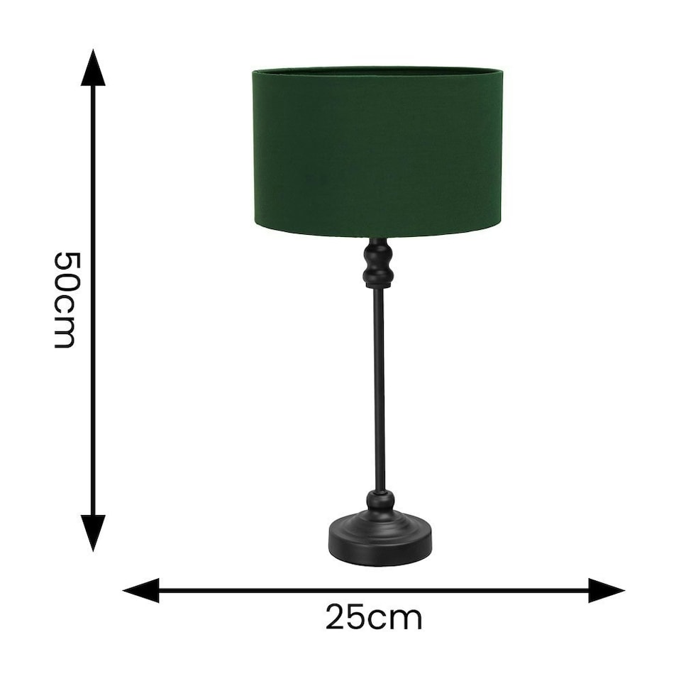 image 1 of ValueLights Maggie Black Metal Candlestick Slim Table Lamp with Forest Green Fabric Drum Lamp Shade