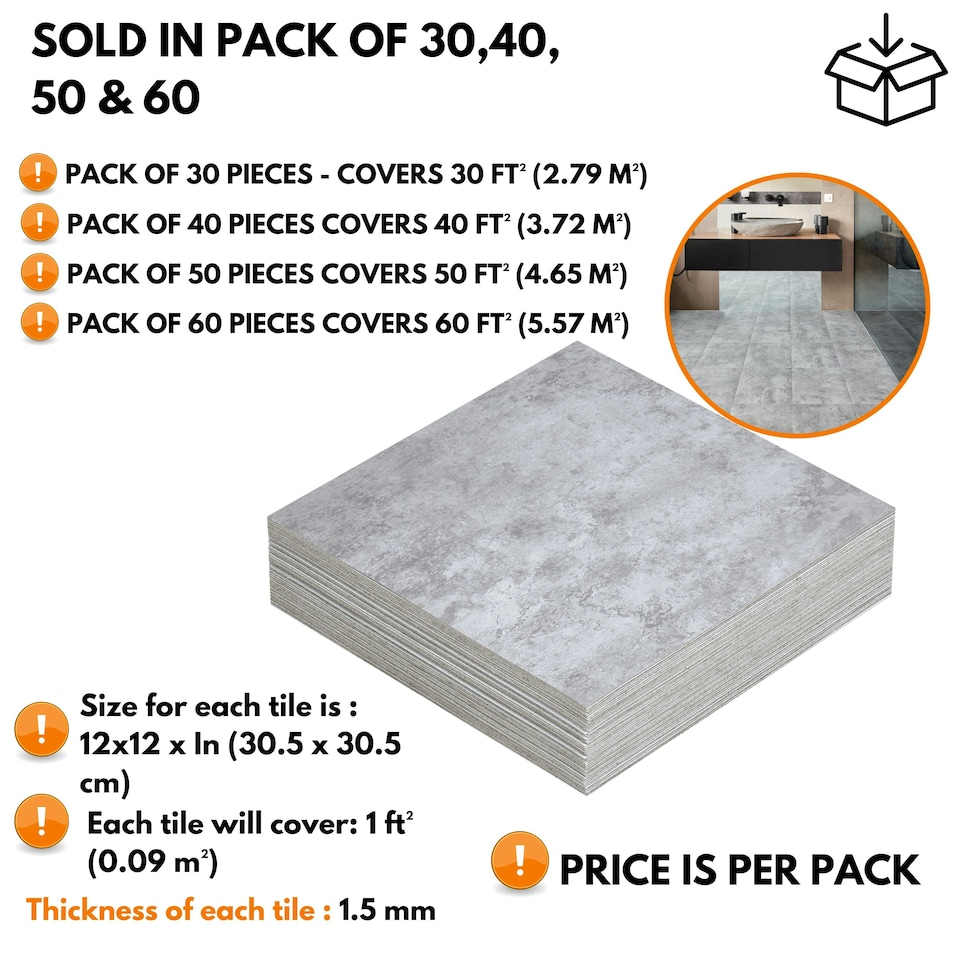 image 1 of NOVECRAFTO Vinyl Floor Tiles Self Adhesive – 12x12in Peel and Stick Flooring for Kitchen, Bathroom & Living Room – Grey Granite Effect Design Grey | 5.57 sqm