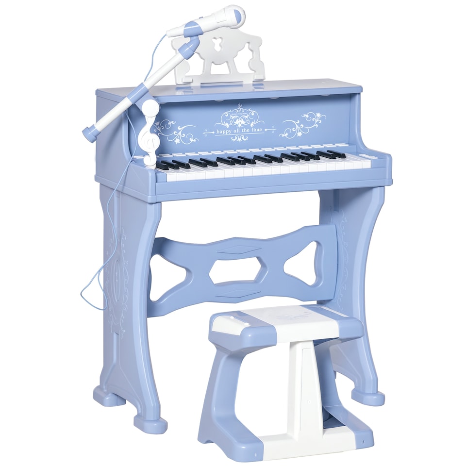 image 1 of HOMCOM 37 Keys Kids Piano Mini Electronic Keyboard Light Kids Musical Instrument Educational Game Children Grand Piano Toy Set with Stool and Microphone & Music Stand (Blue)