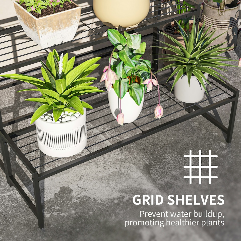 image 1 of Outsunny 3-Tier Metal Plant Stand, Modern Ladder Shelf for Garden, Black