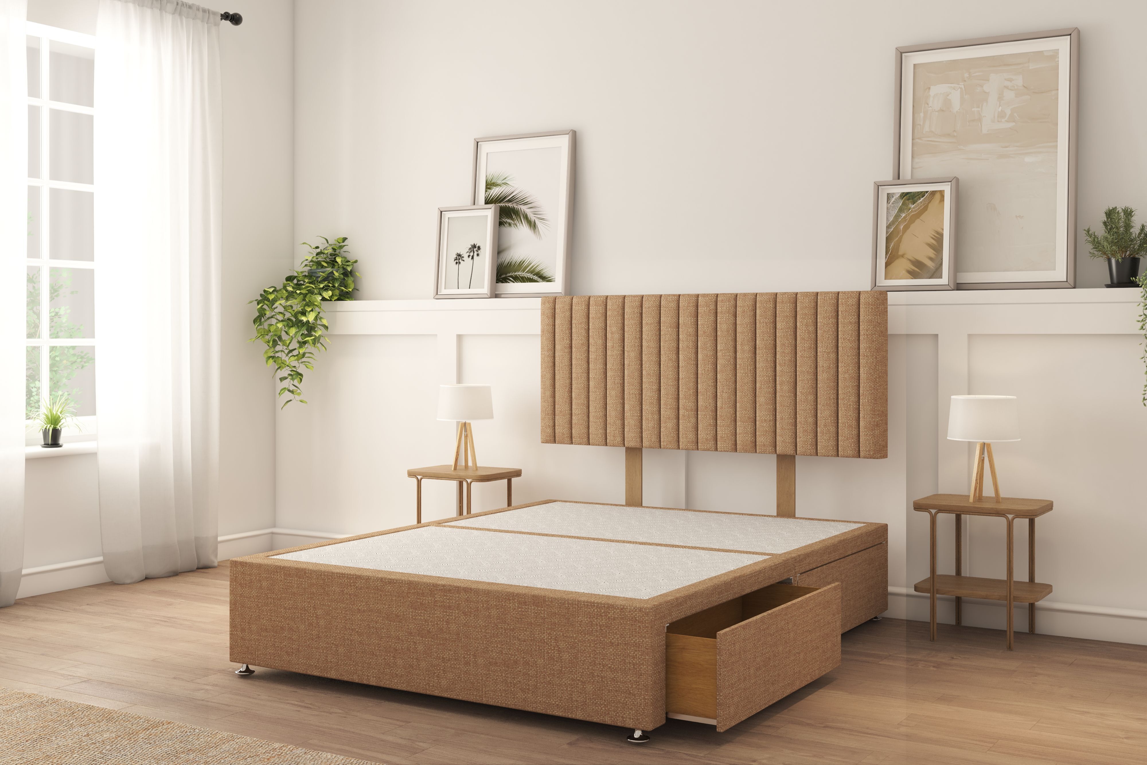 Sloomy Manhattan Latte Tweed Divan Bed Base 2 Drawers Foot-End With 26" Strutted Headboard 4'6 Double
