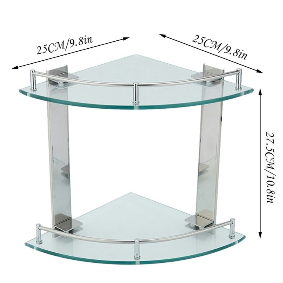 image 1 of Living and Home 2-Tier BathroomTempered Glass Corner Shelf Wall Mounted | Chrome