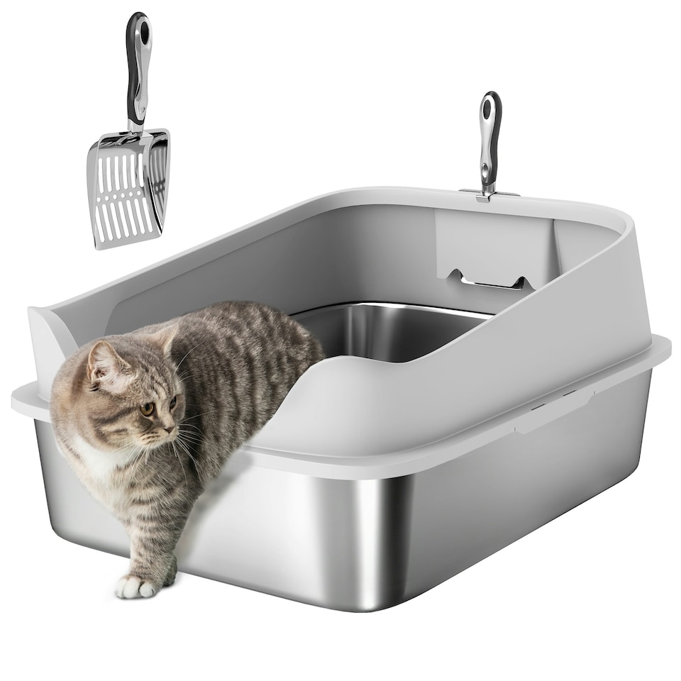 image 1 of PawHut Stainless Steel Cat Litter Box with High Sides Grey | M