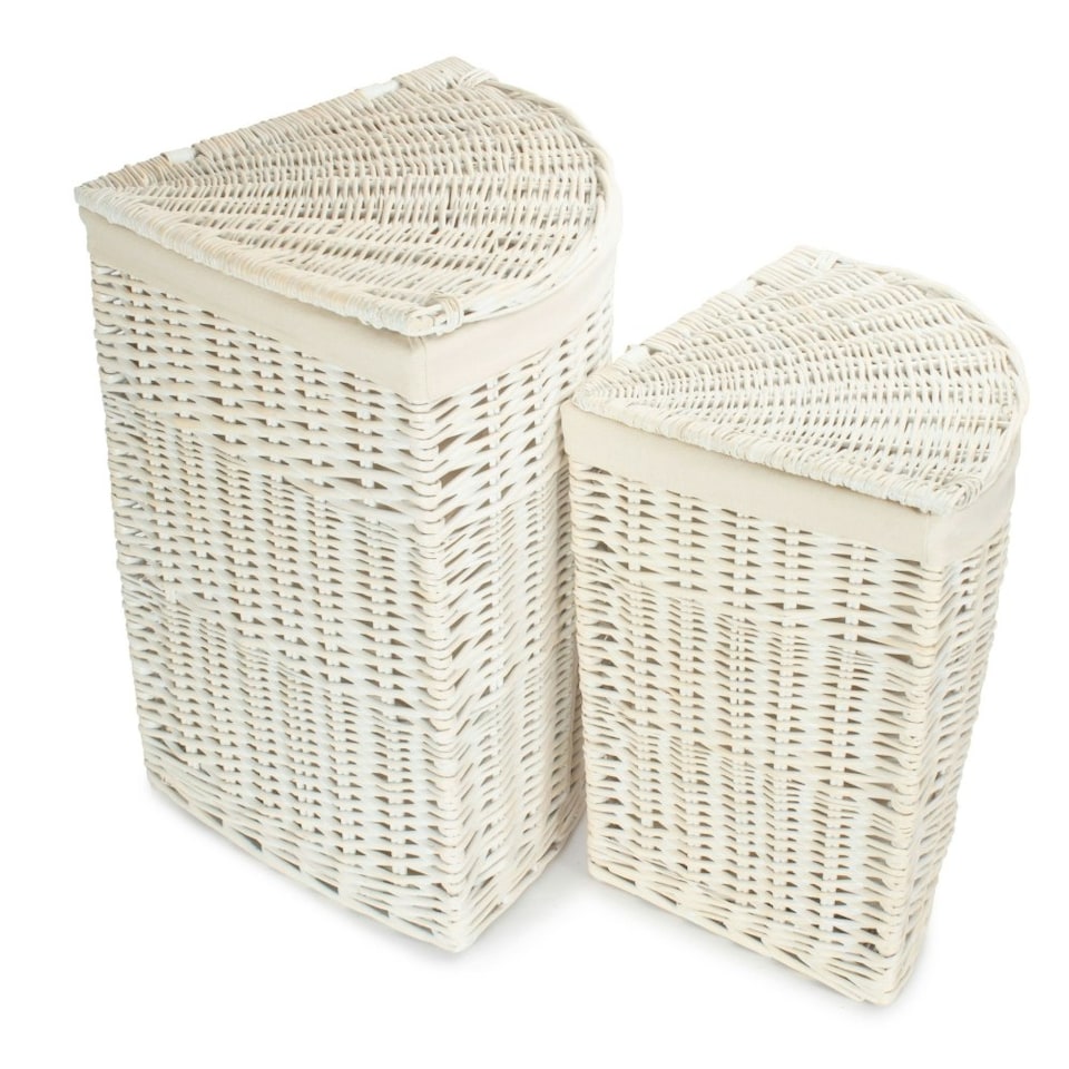 image 1 of Set of 2 Corner White Wash Wicker Laundry Basket with a Oatmeal Lining White | White