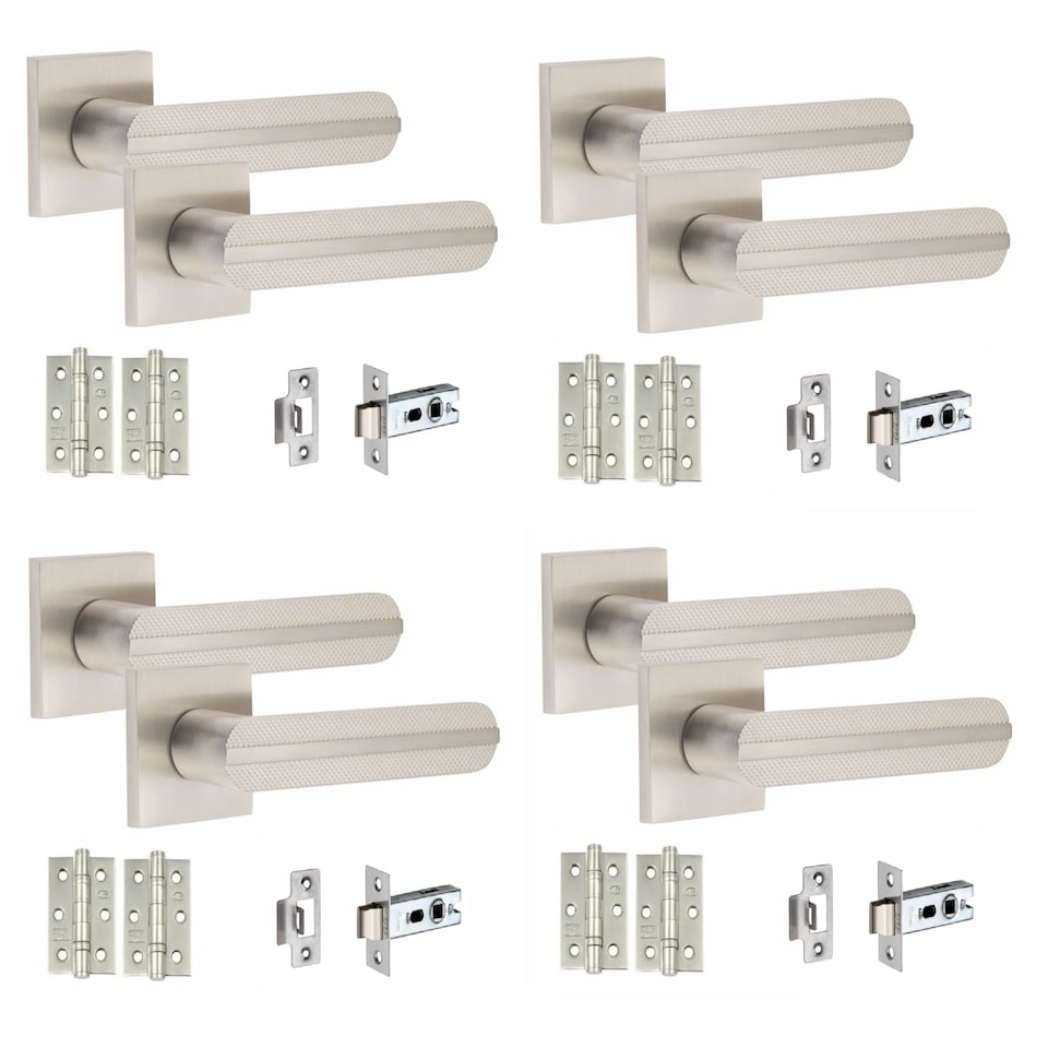 image 1 of Golden Grace 4 Pairs Modern Lima Design Premium Door Handles on Square Rose in Satin Nickel Finish with 3" Ball Bearing Hinges and 2.5" Tubular Latch | Grey | 4 Pairs