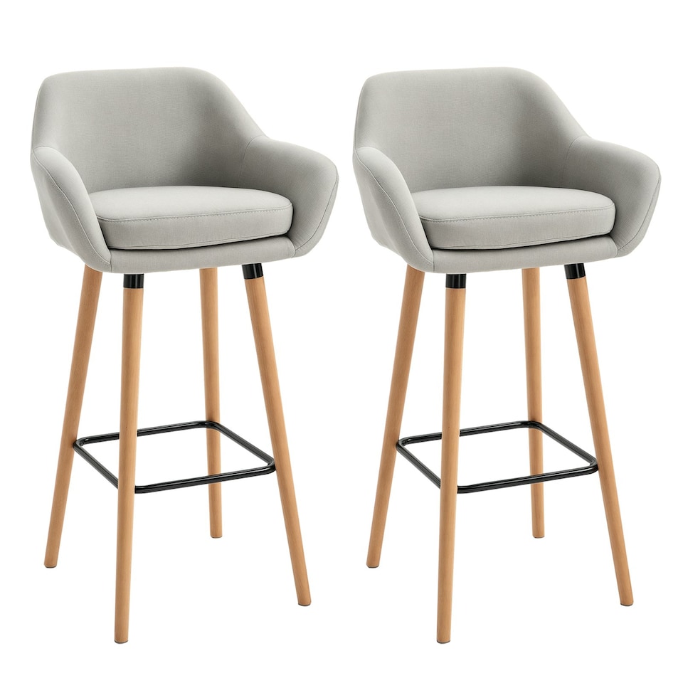 image 1 of HOMCOM 2 PCs Upholstered Bucket Seat Bar Stools w/ Solid Wood Legs Beige
