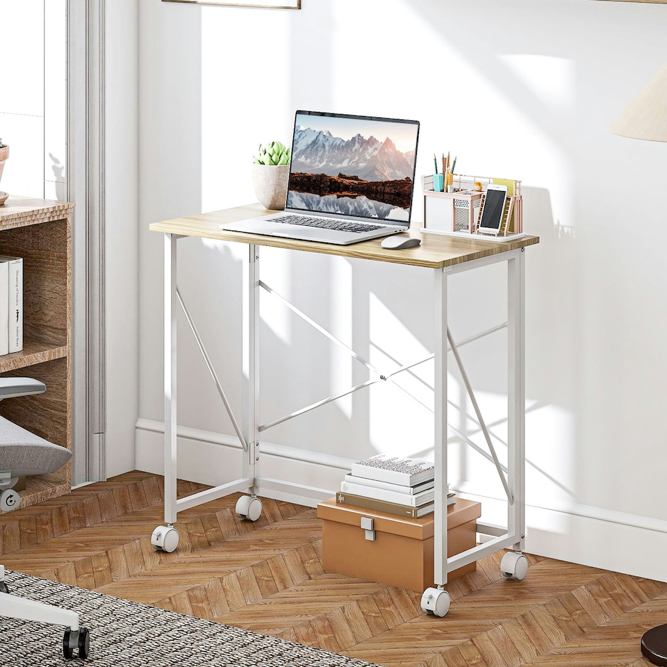 image 1 of HOMCOM Folding Desk on Wheels, Writing Table for Home Office, Natural | Yellow