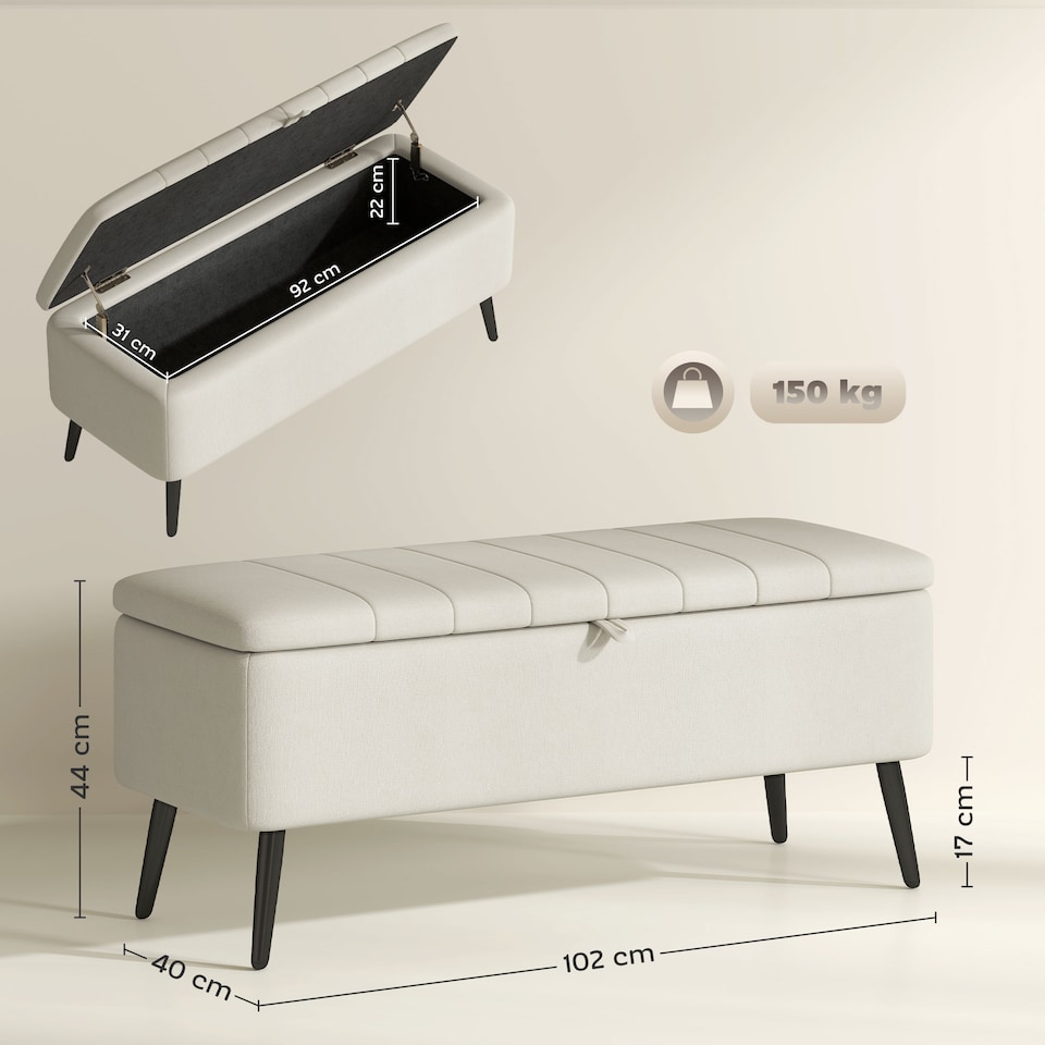 image 1 of HOMCOM Storage Ottoman Bench, Linen Fabric Footstool with Steel Legs Cream White