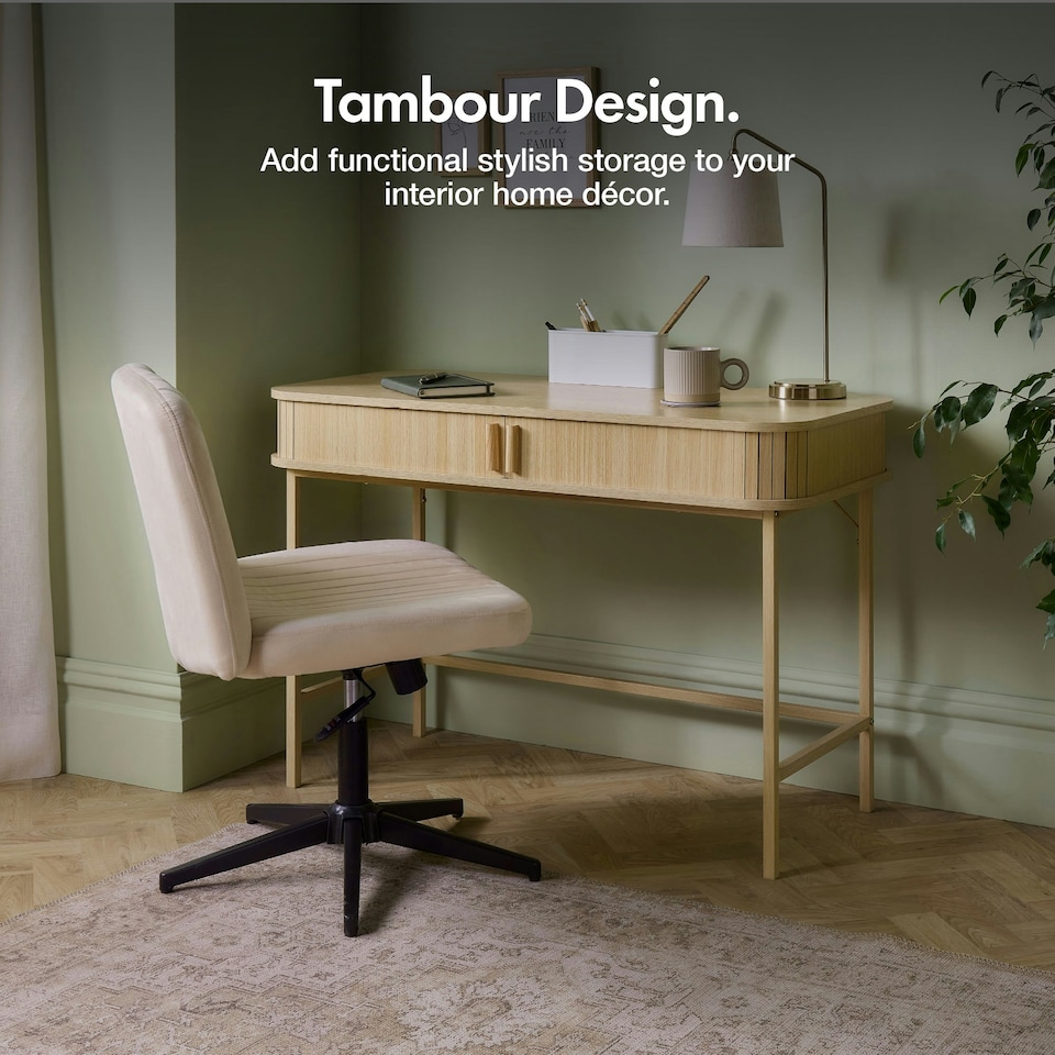 image 1 of VonHaus Landos Computer Desk with Sliding Doors and Tambour Finish Brown