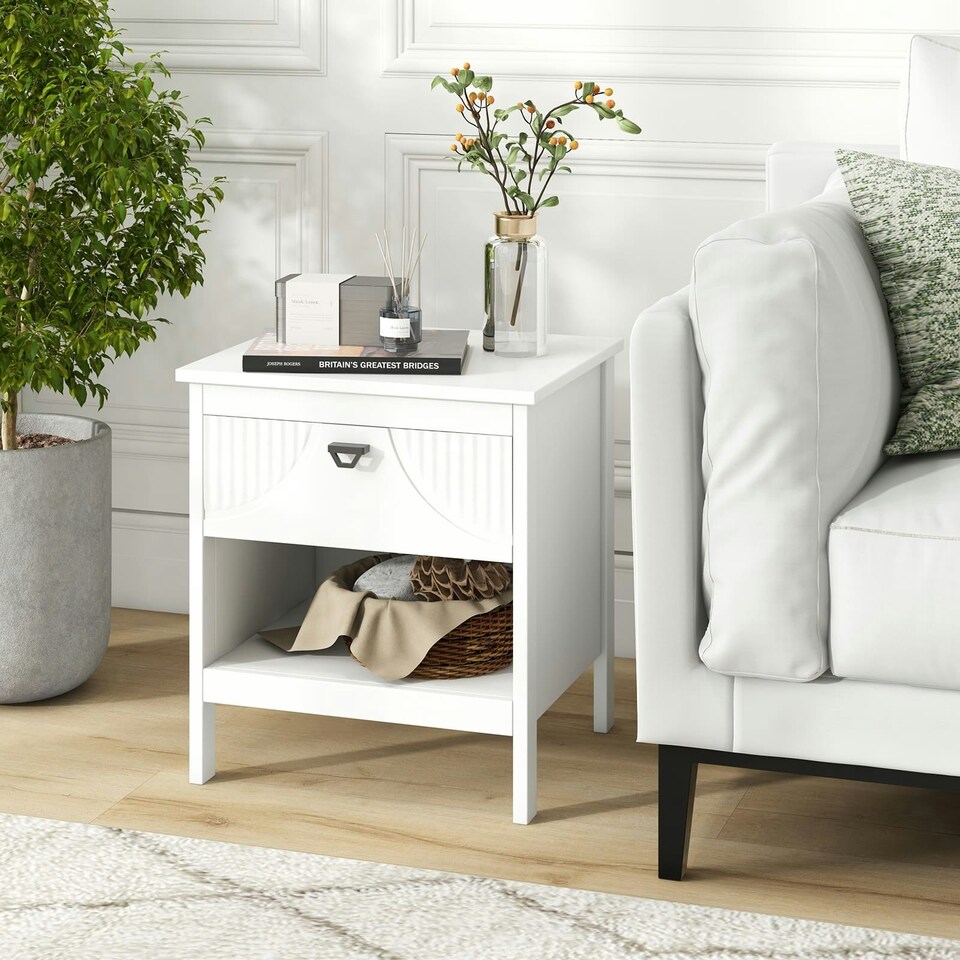 image 1 of COSTWAY 2-tier Nightstand Wood Side Table with Storage Shelf White