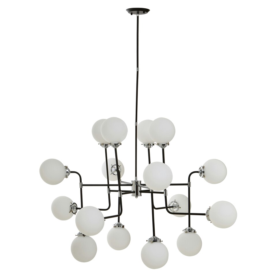 image 1 of Interiors by Premier Black and Chrome 16 Arm Pendant Light, Modern Spherical Glass Ceiling Fixture, Head Design with White Shades