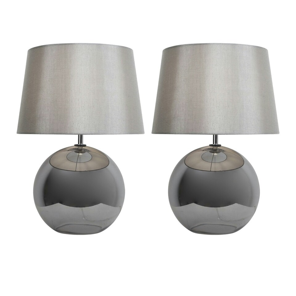 image 1 of First Choice Lighting Set of 2 Ball Smoked Glass Table Lamps with Grey Fabric Shades Grey | Grey