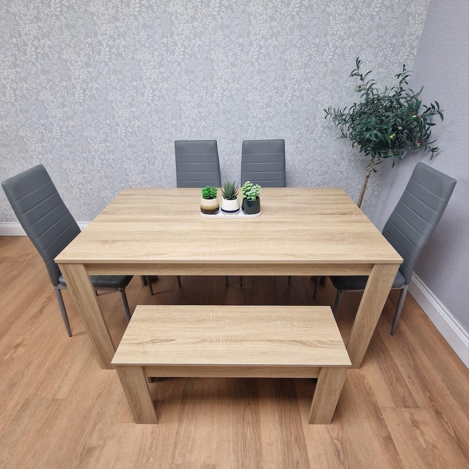 Oak Effect Dining Table Set With 4 Grey Faux Leather Chairs And Bench ...