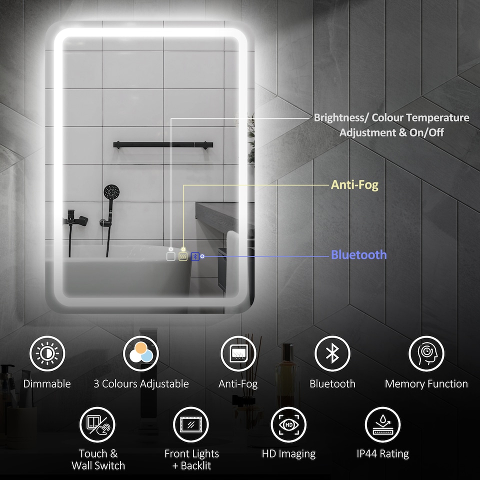 image 1 of HOMCOM 500 x 700 mm Bluetooth Bathroom Mirror with LED Lights, Illuminated Backlit Wall Mounted Vanity Mirror with 3 Colours Dimmable, Anti-Fog, Memory & Touch Switch, IP44