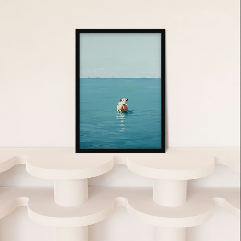 image 1 of Open Water Cow Swimming Bathroom Toilet Home Decor Black Framed Wall Art Print A4