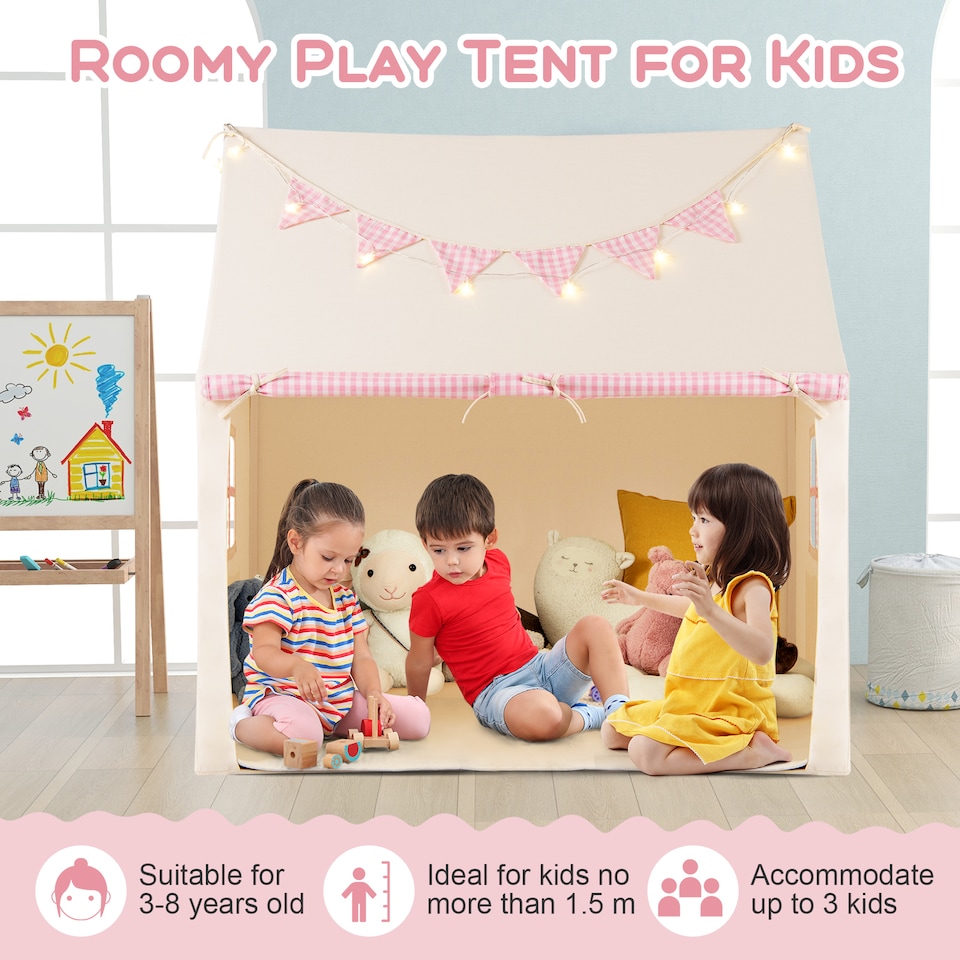 image 1 of COSTWAY Kids Play Tent Indoor Large Playhouse with Mat & Star Lights-Pink