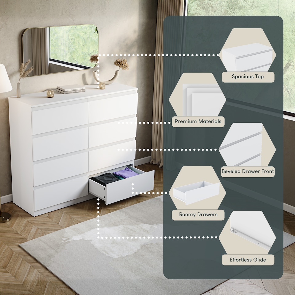 image 1 of Vida Designs Denver 8 Drawer Chest of Drawers Bedroom Storage, White