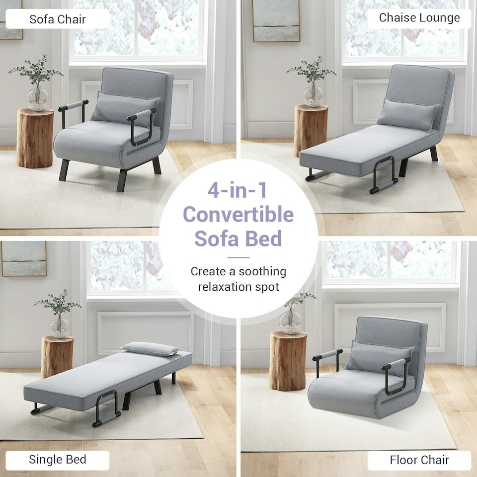 image 1 of COSTWAY Convertible Single Folding Sofa Bed Sleep Chair Grey Grey