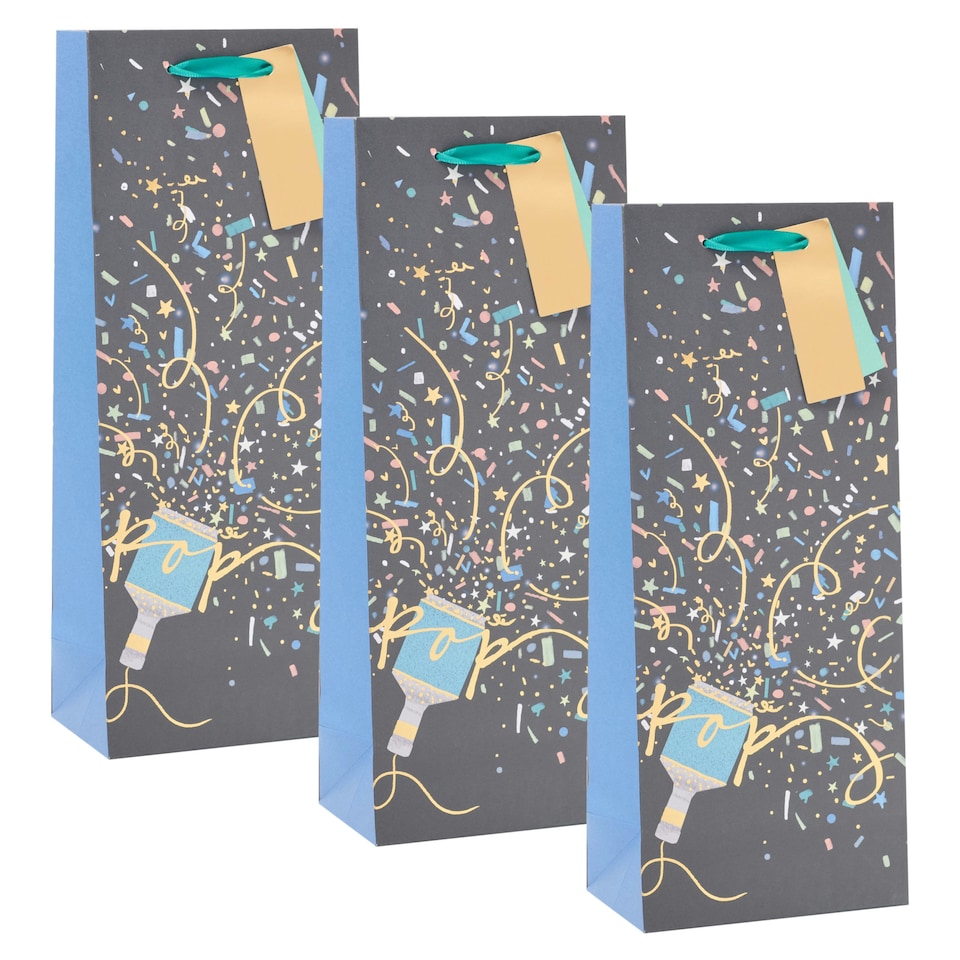 image 1 of Multipack of 3 Bottle Bags | Party Bags for Presents | Birthdays/Congratulations | For Him/Her/Friend | Party Popper Design