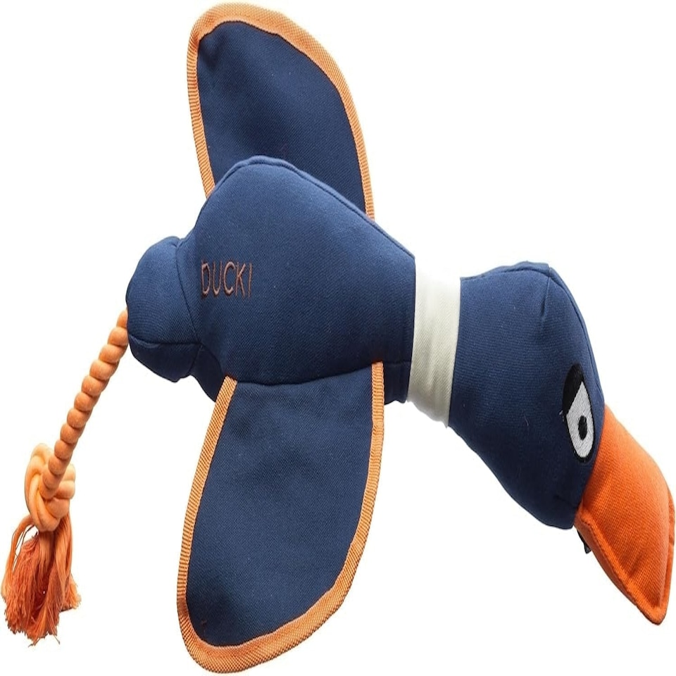 House of Paws Large Navy Duck - Cotton Canvas Thrower Dog Toy with Rope and Squeaker
