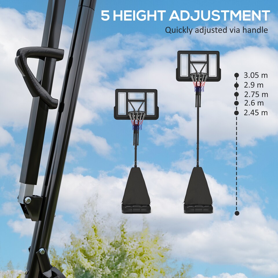 image 1 of SPORTNOW Basketball Hoop Outdoor, Height Adjustable Basketball Hoop and Stand with Rebound System, Weighted Base, Portable on Wheels, 2.45-3.05m, for Teens, Juniors, Adults, Black