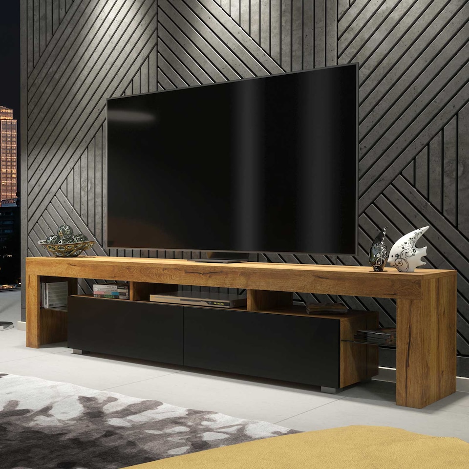 image 1 of TV Unit TV Stand Oak Black Media Console Sideboard Storage Cabinet 200cm