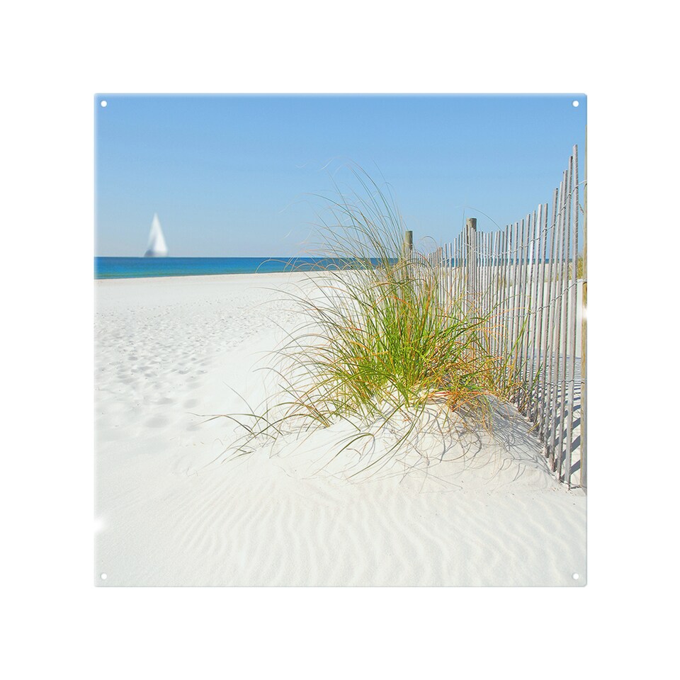 image 1 of Dune fence by sea grass with sailboat on horizon Designer Splash Back | White