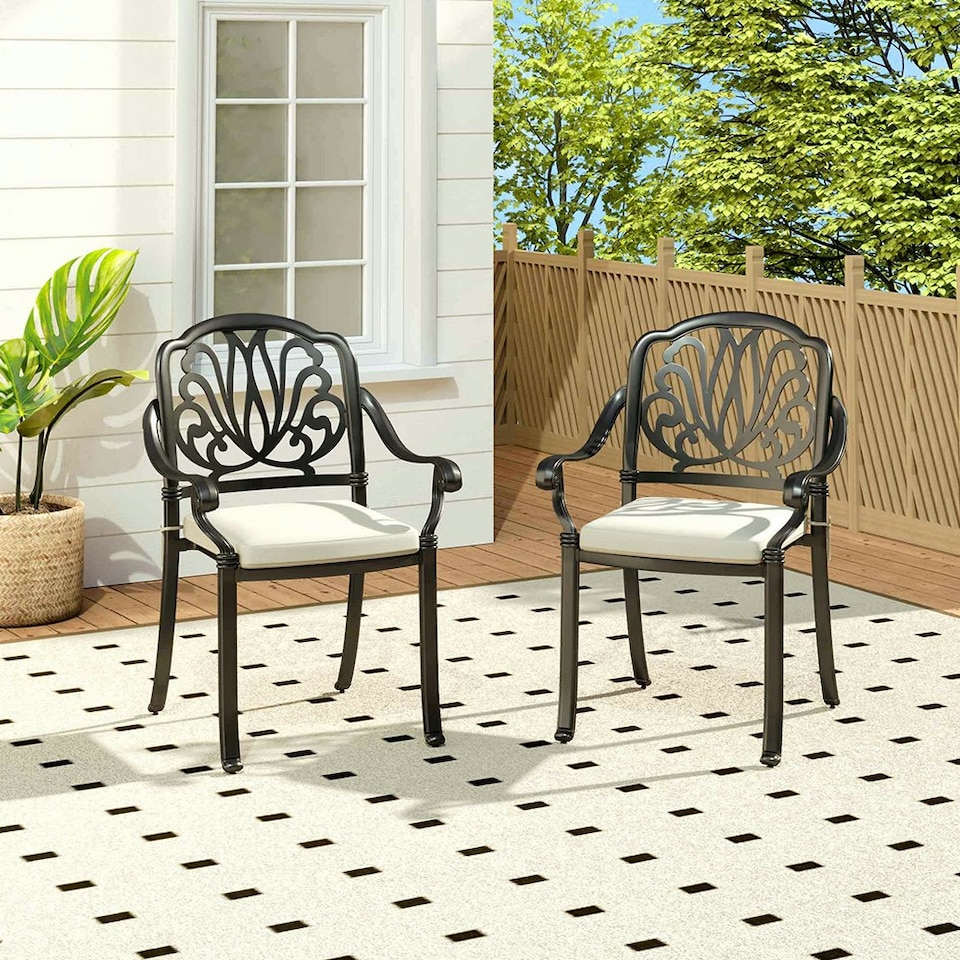 image 1 of Living and Home Set of 2 Outdoor Cast Aluminum Dining Chairs with Cushions