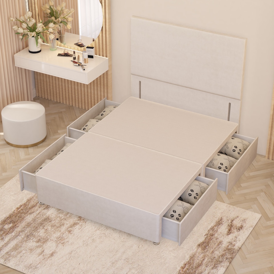 image 1 of Divan Bed Base with 4 Drawers & Plain Floor Standing Headboard Plush Velvet | White | White